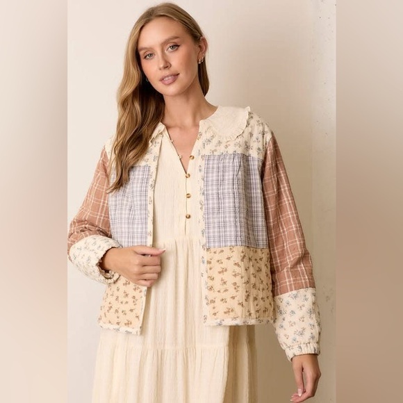 Polagram Jackets & Blazers - Quilted Plaid Floral Open Jacket Large Cream Blue Brown Cottagecore